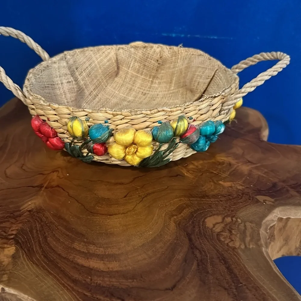 Vintage Set of 3  1950’s Handwoven Decorative Raffia Baskets